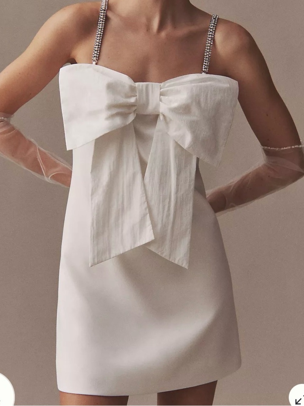 BHLDN Crystal-Strap Bow-Front Crepe Mini Dress size Lrg flaw.